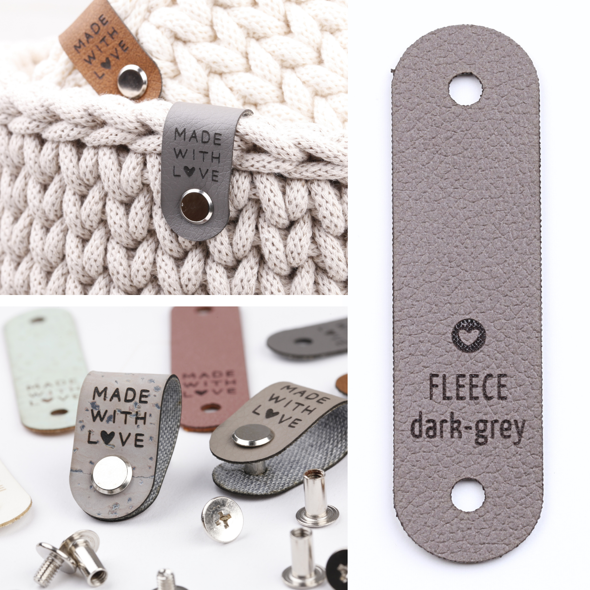 Kunstlederlabel mit Schraube "made with love"