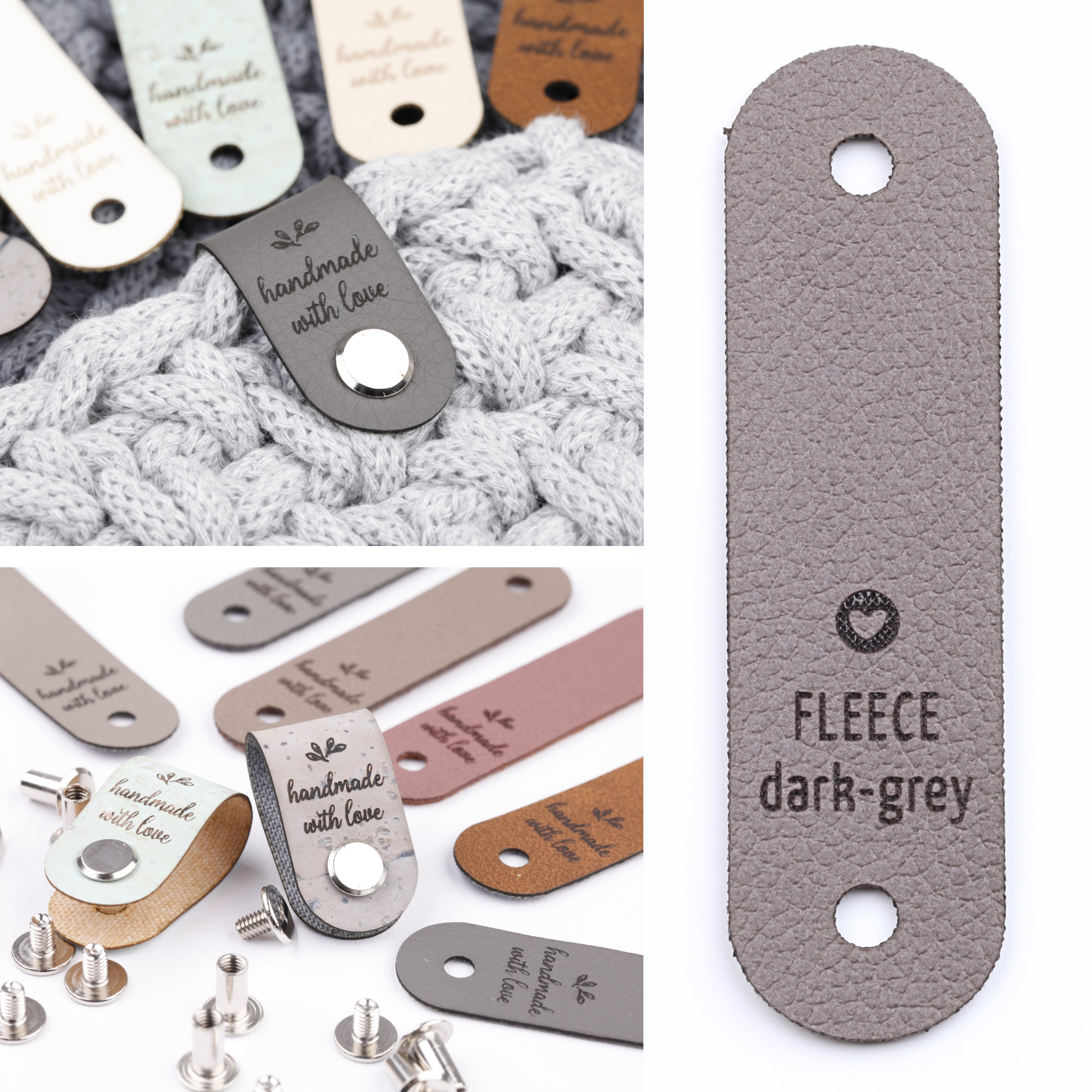 Label mit Schraube und Gravur "handmade with love"