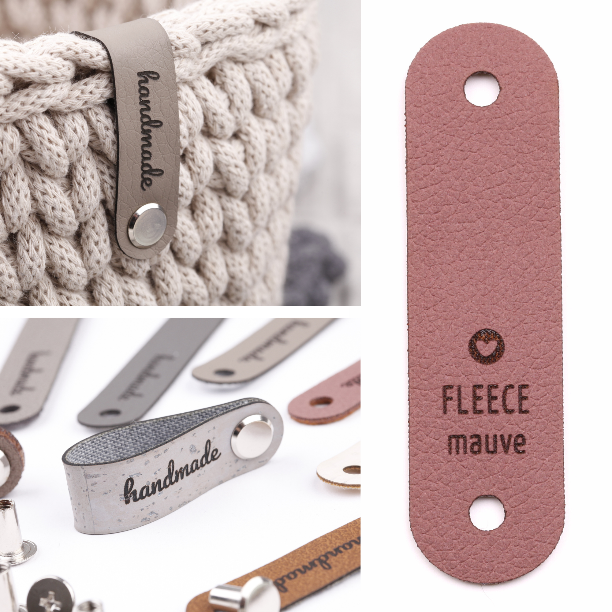 Schmales Kunstlederlabel mit Niete "handmade"