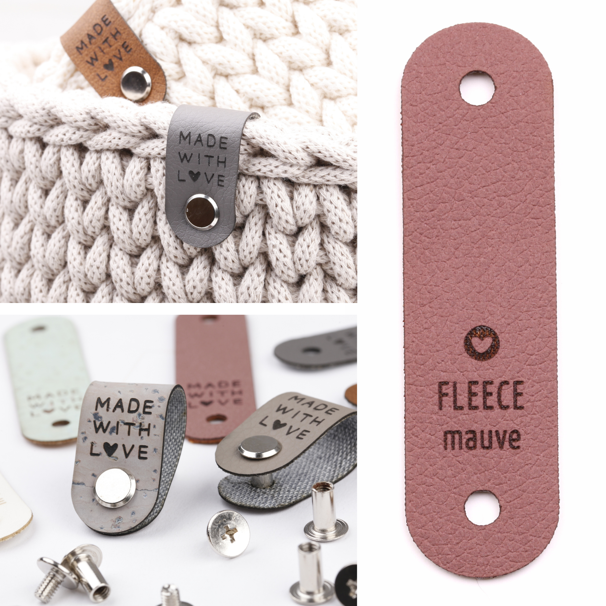 Kunstlederlabel mit Schraube "made with love"