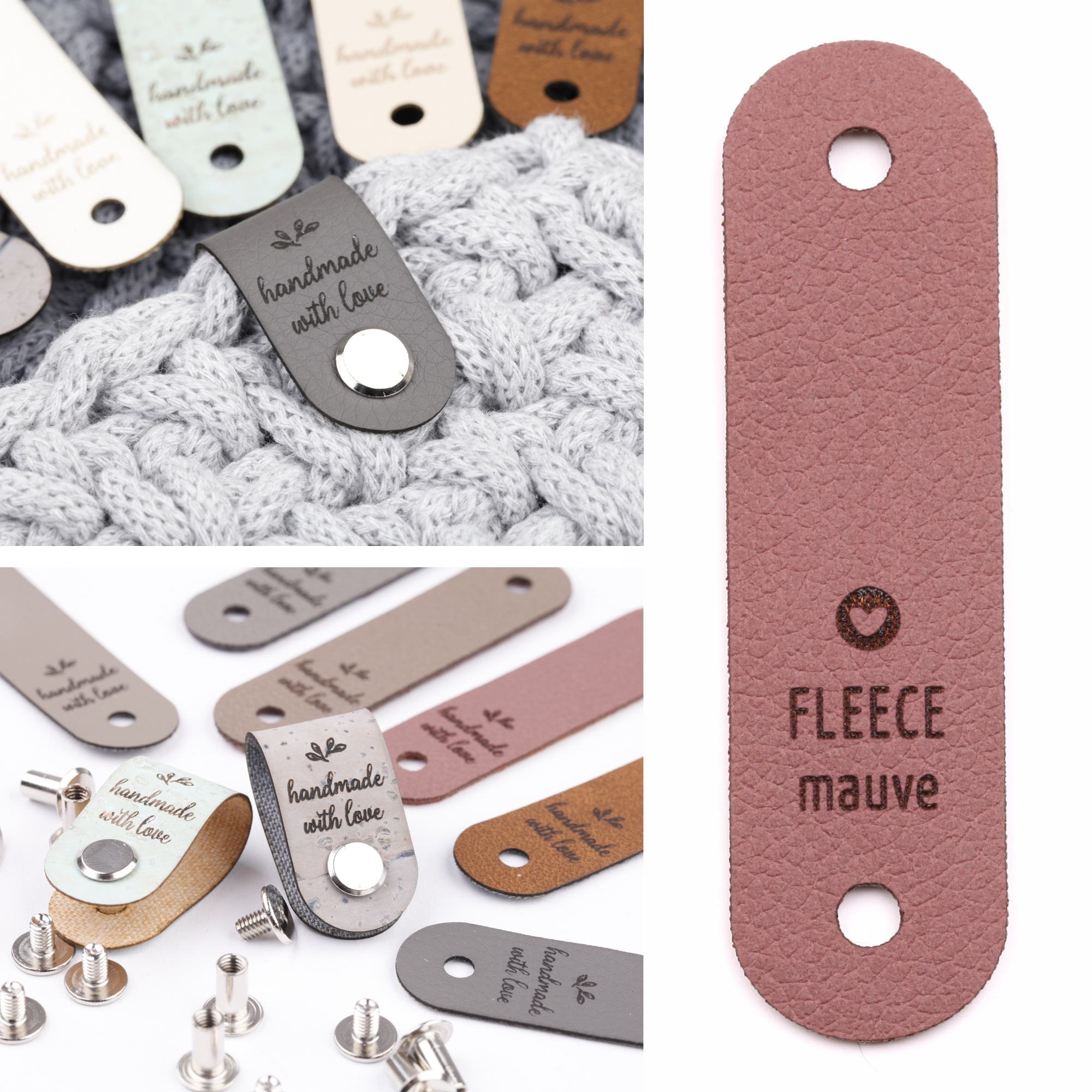 Label mit Schraube und Gravur "handmade with love"