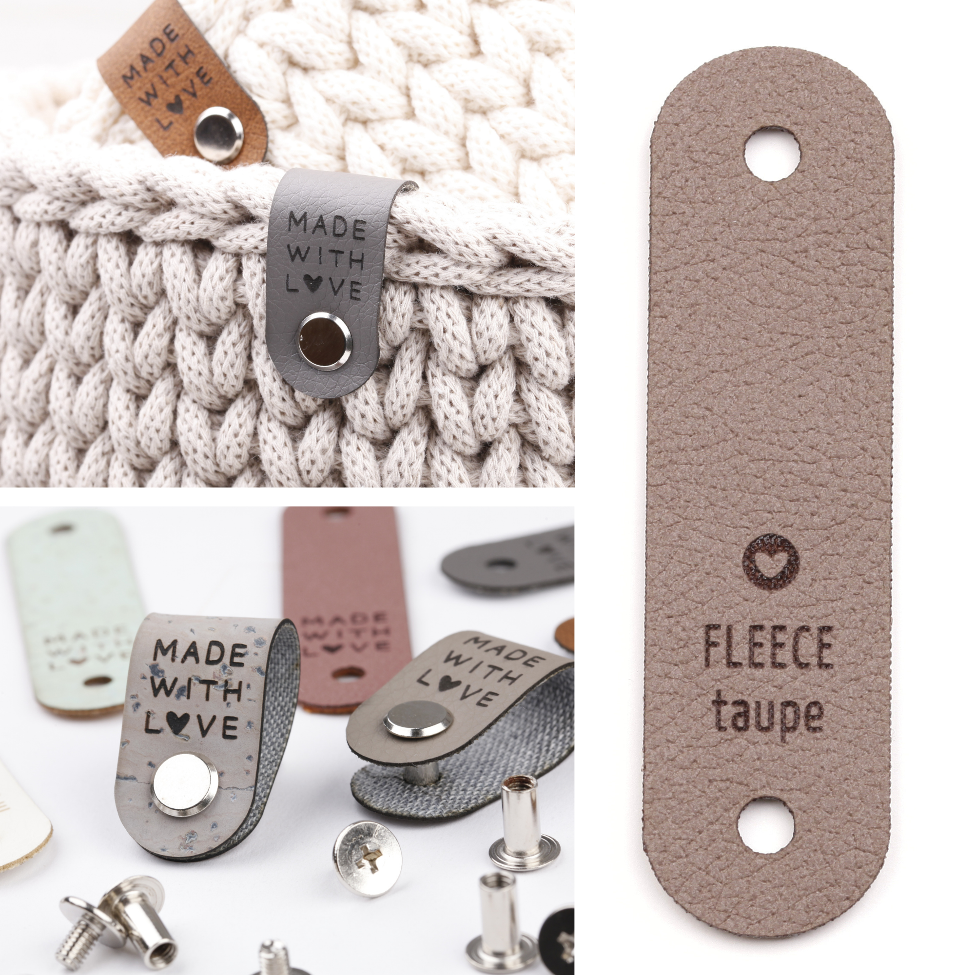 Kunstlederlabel mit Schraube "made with love"
