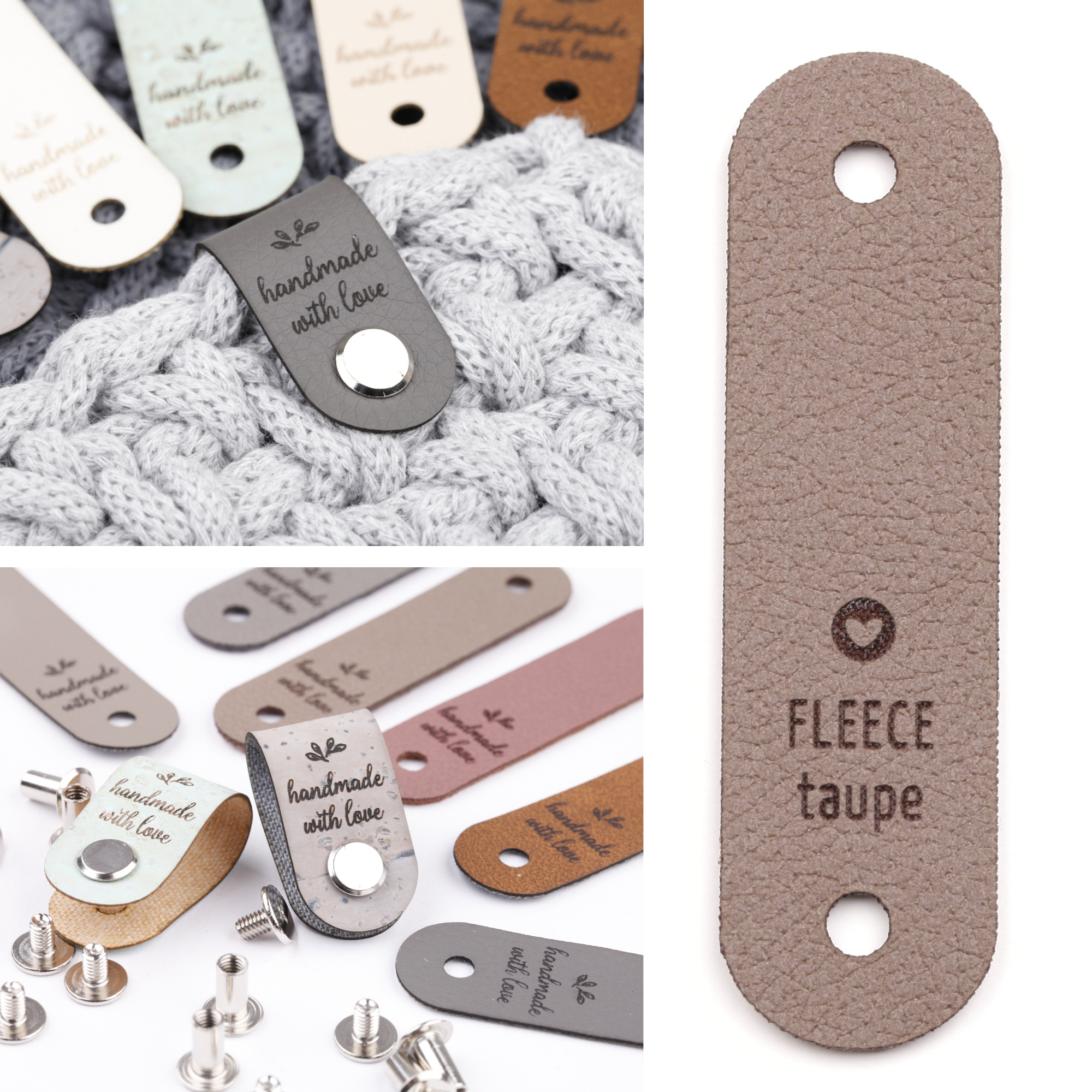 Label mit Schraube und Gravur "handmade with love"