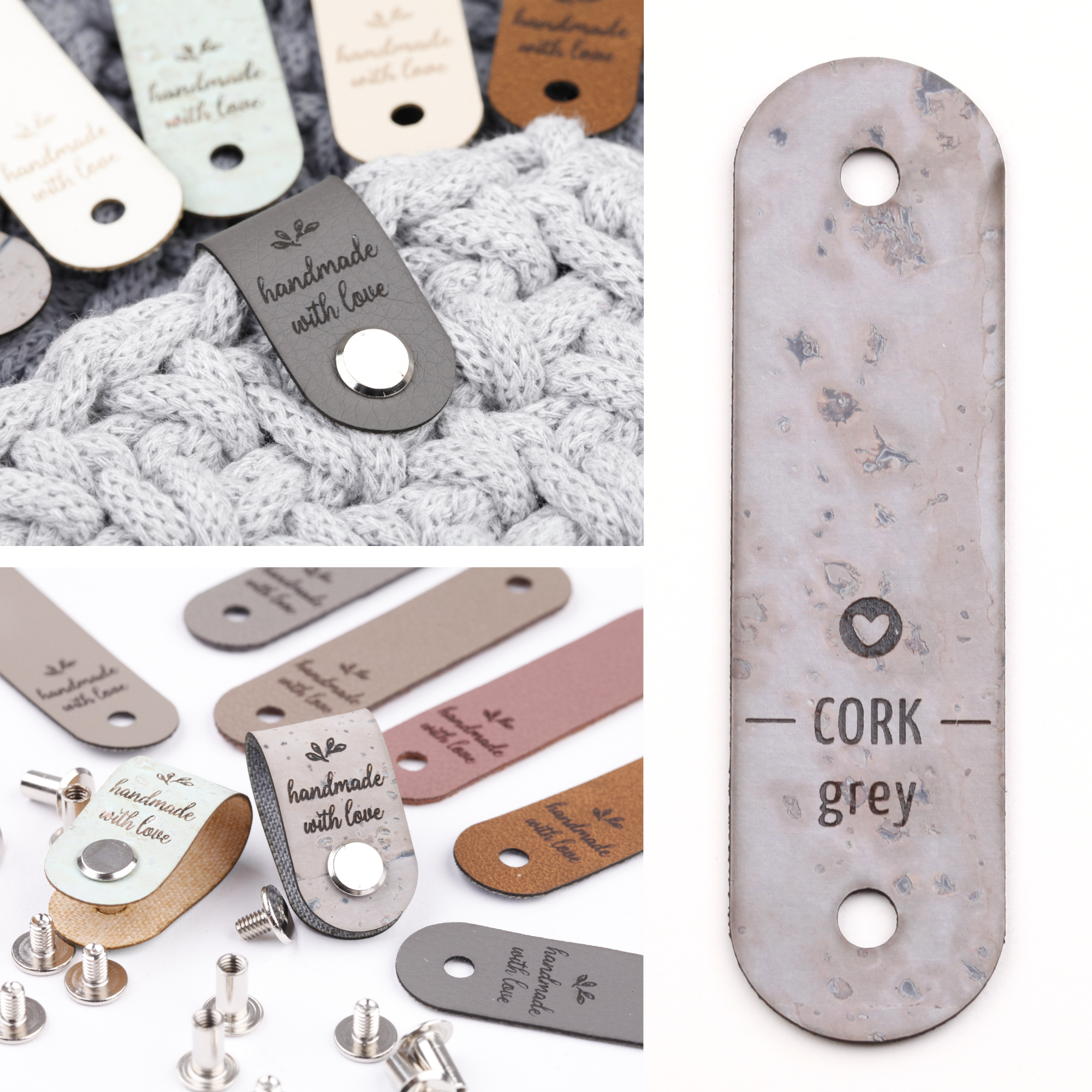 Label mit Schraube und Gravur "handmade with love"