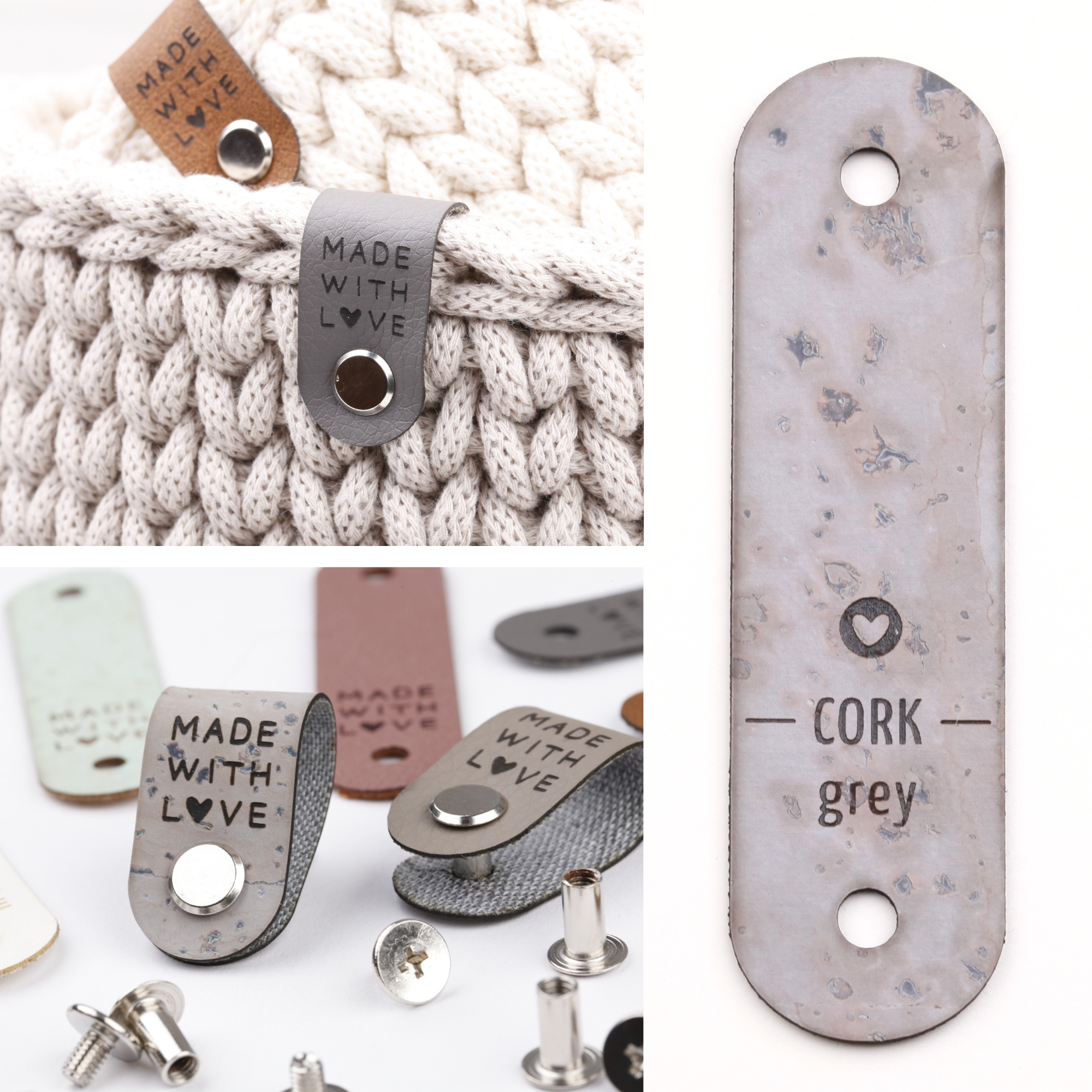 Kunstlederlabel mit Schraube "made with love"