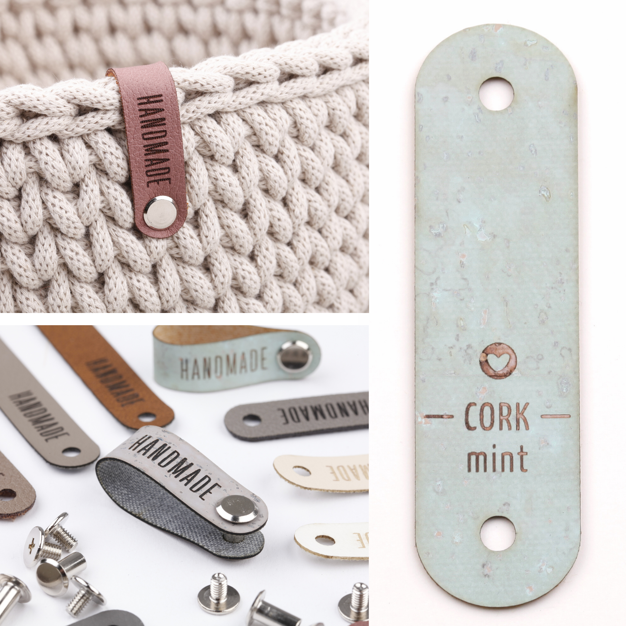 Schmales Kunstlederlabel mit Schraube "handmade"