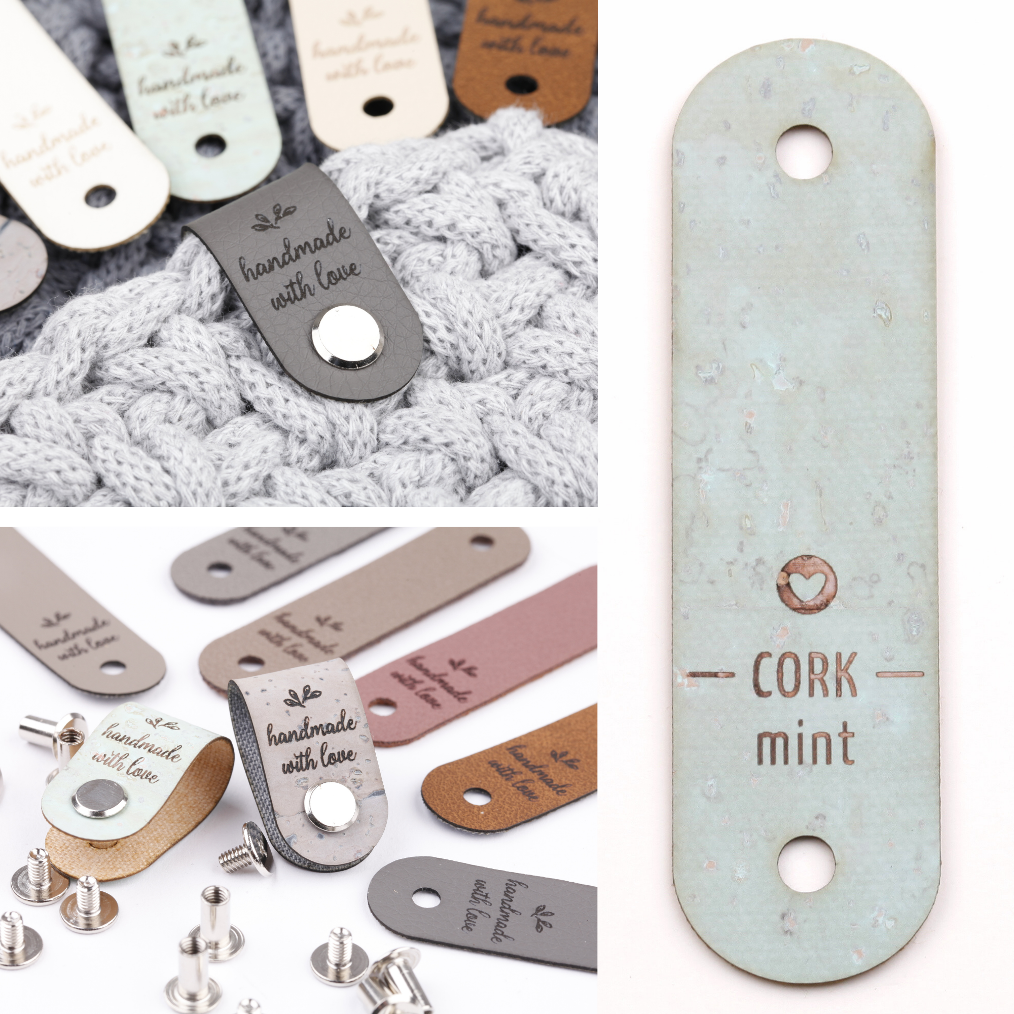 Label mit Schraube und Gravur "handmade with love"