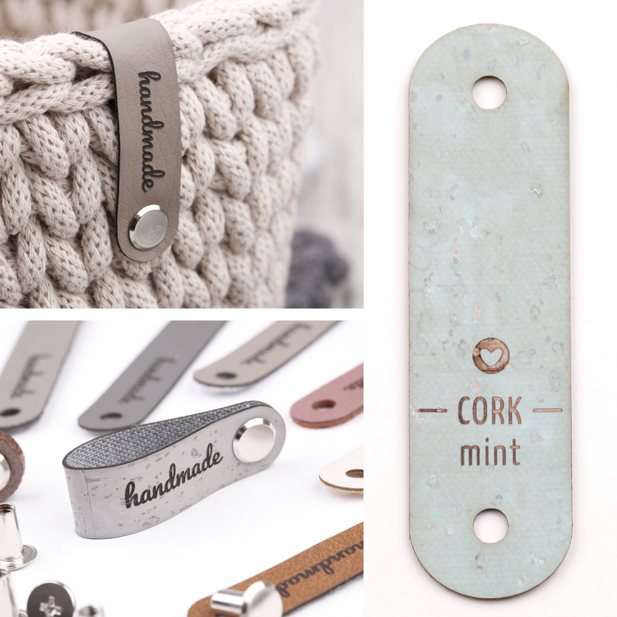 Schmales Kunstlederlabel mit Niete "handmade"