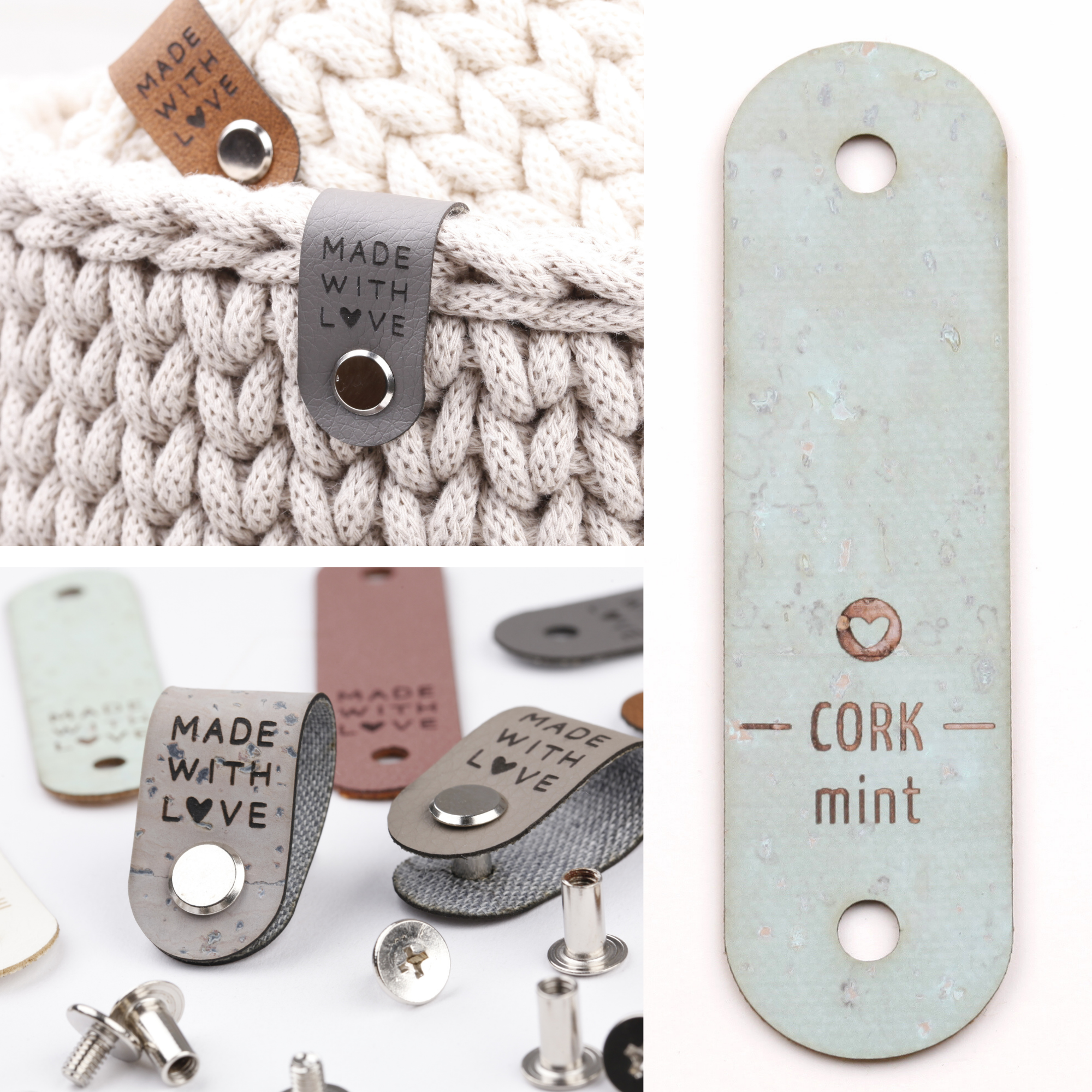 Kunstlederlabel mit Schraube "made with love"