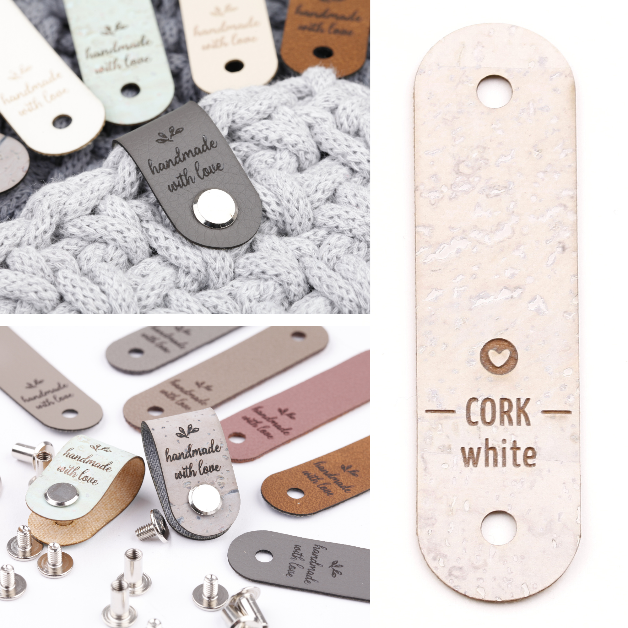 Label mit Schraube und Gravur "handmade with love"