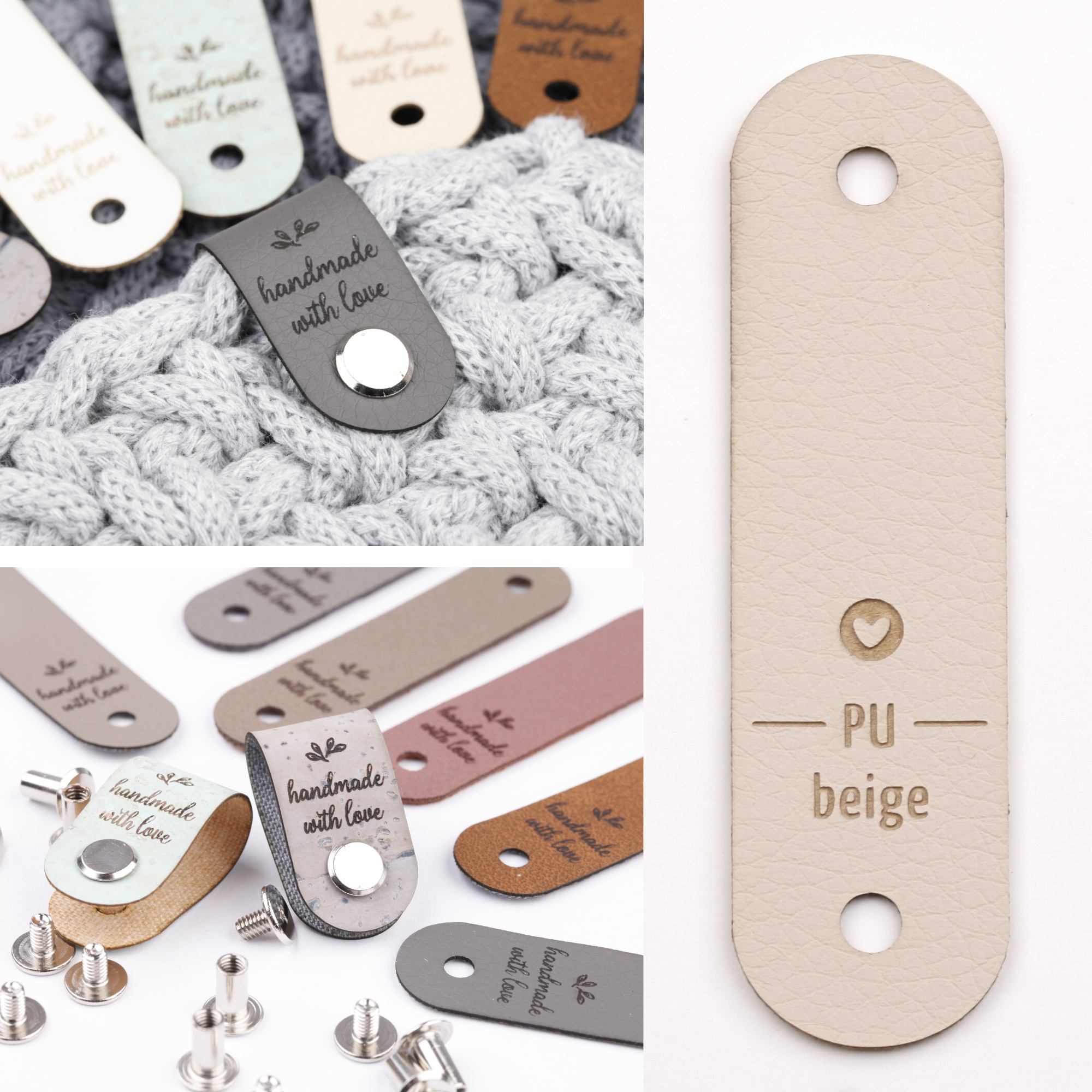 Label mit Schraube und Gravur "handmade with love"