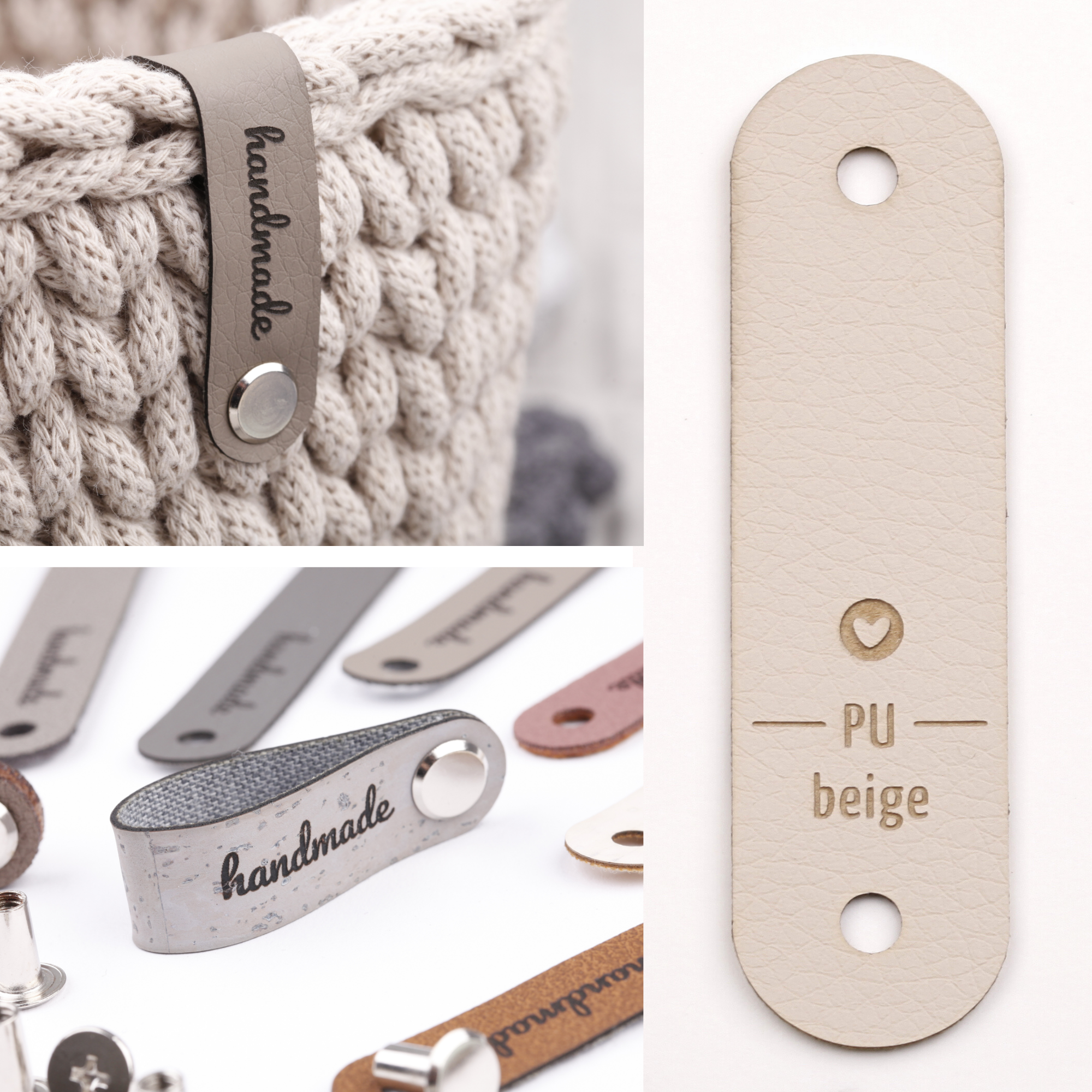 Schmales Kunstlederlabel mit Niete "handmade"