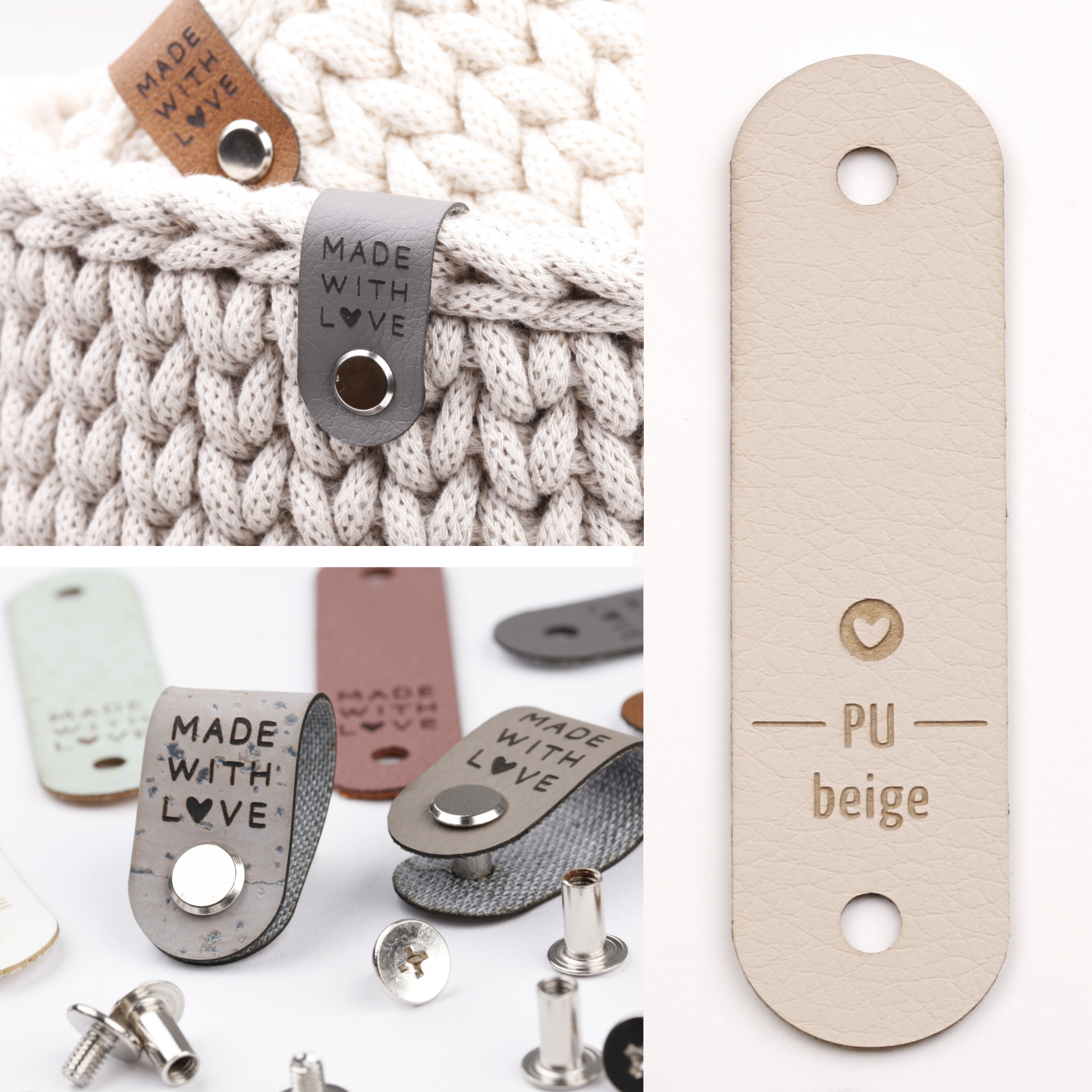 Kunstlederlabel mit Schraube "made with love"