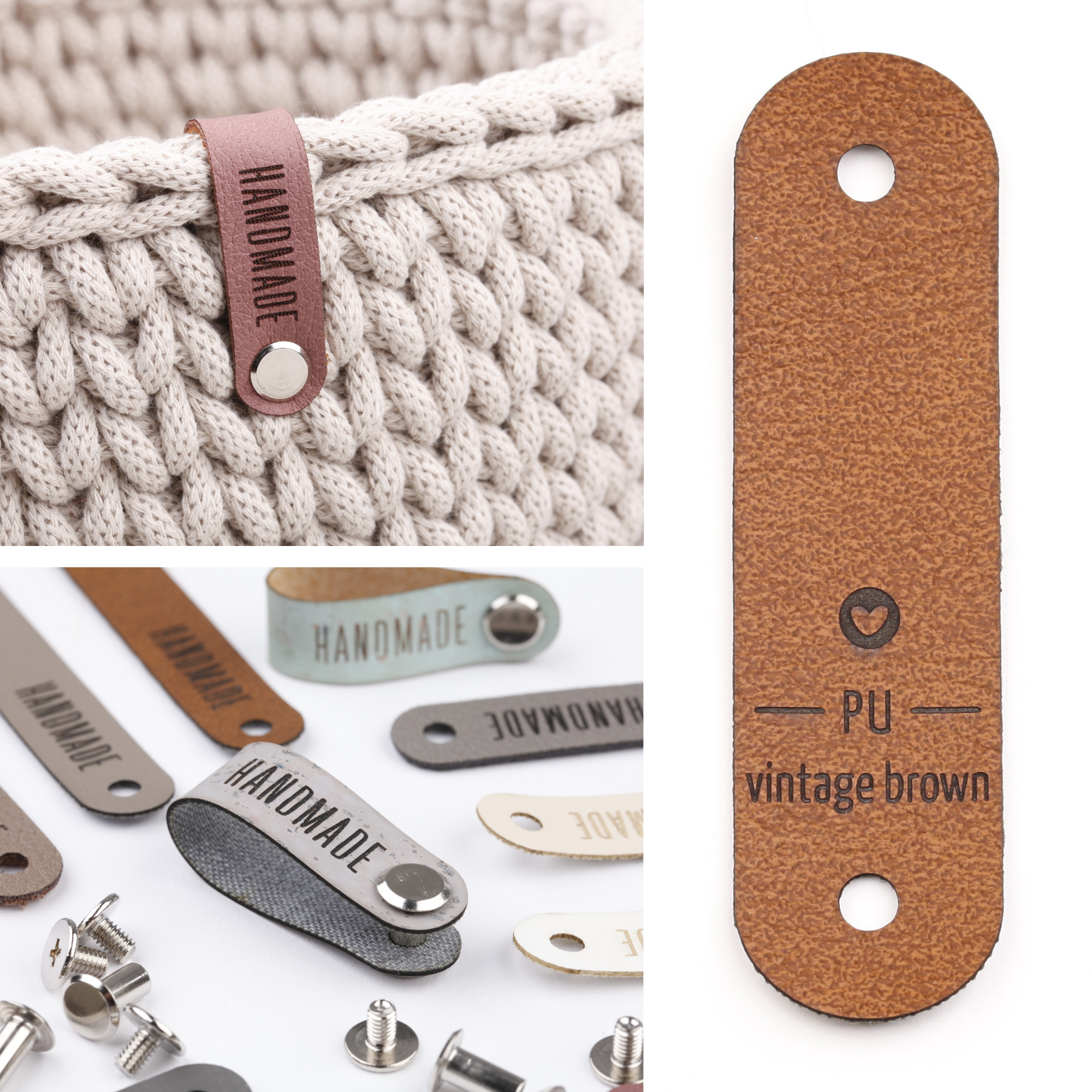 Schmales Kunstlederlabel mit Schraube "handmade"