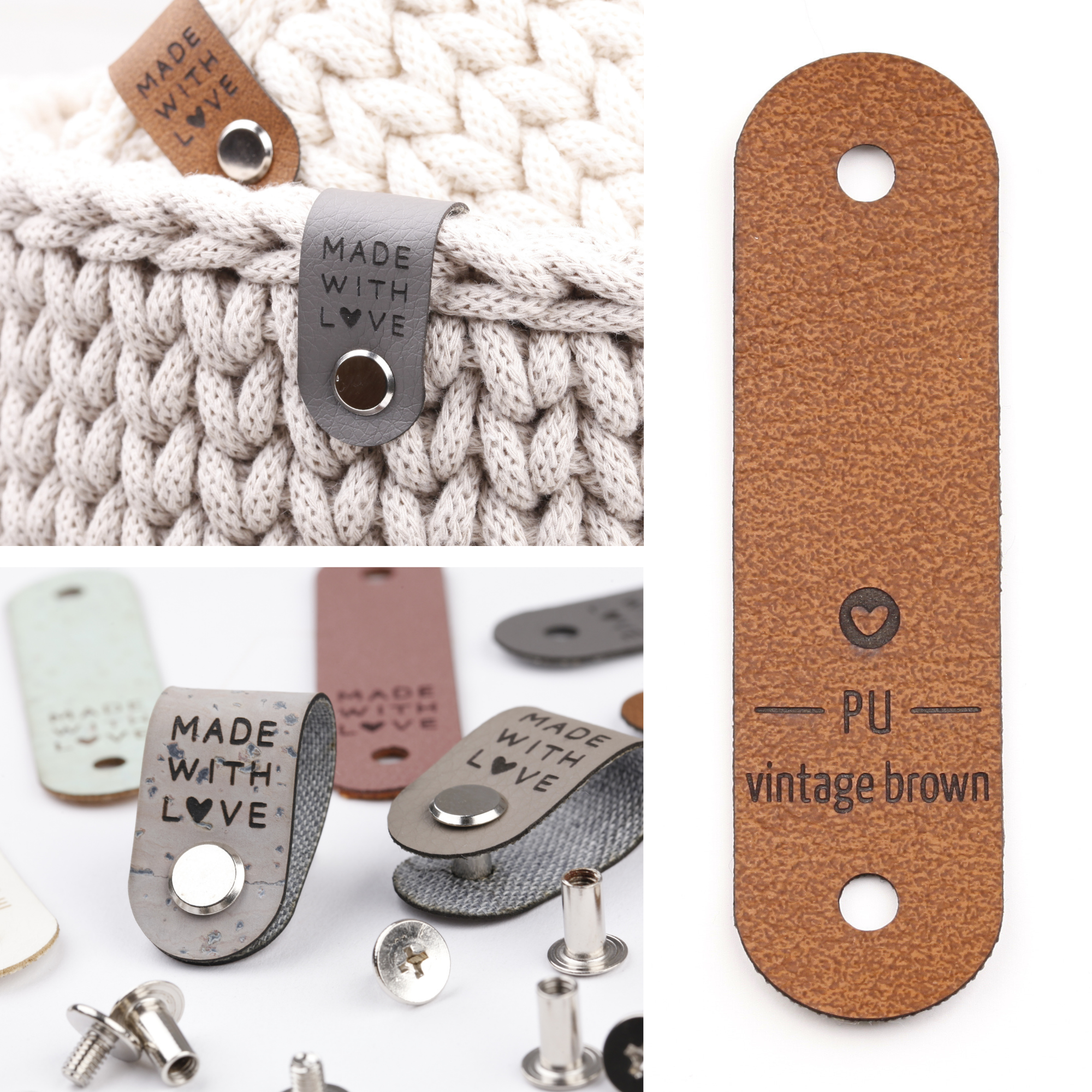 Kunstlederlabel mit Schraube "made with love"