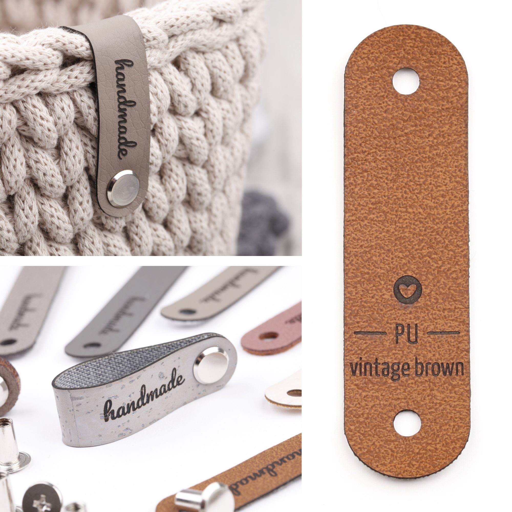 Schmales Kunstlederlabel mit Niete "handmade"