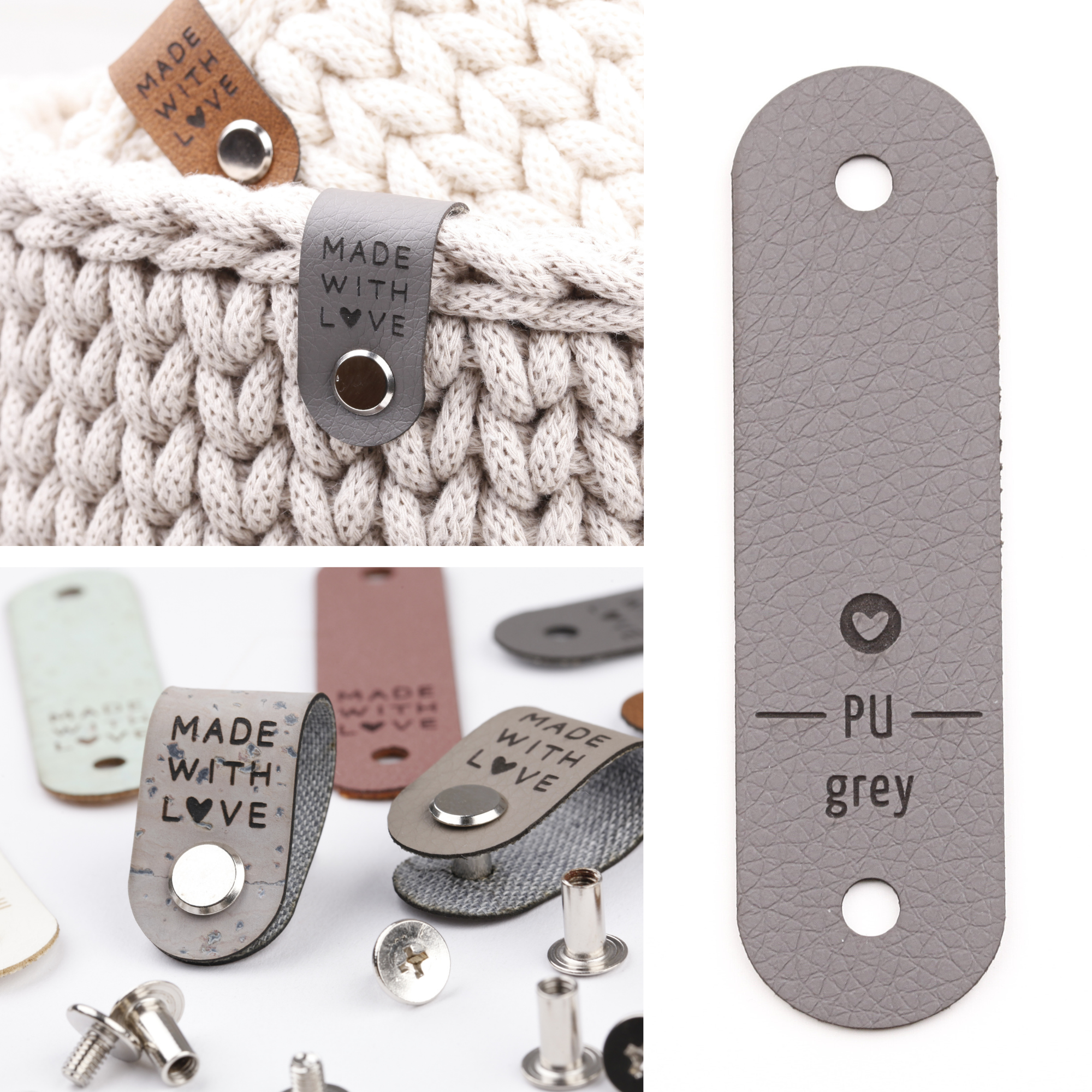 Kunstlederlabel mit Schraube "made with love"