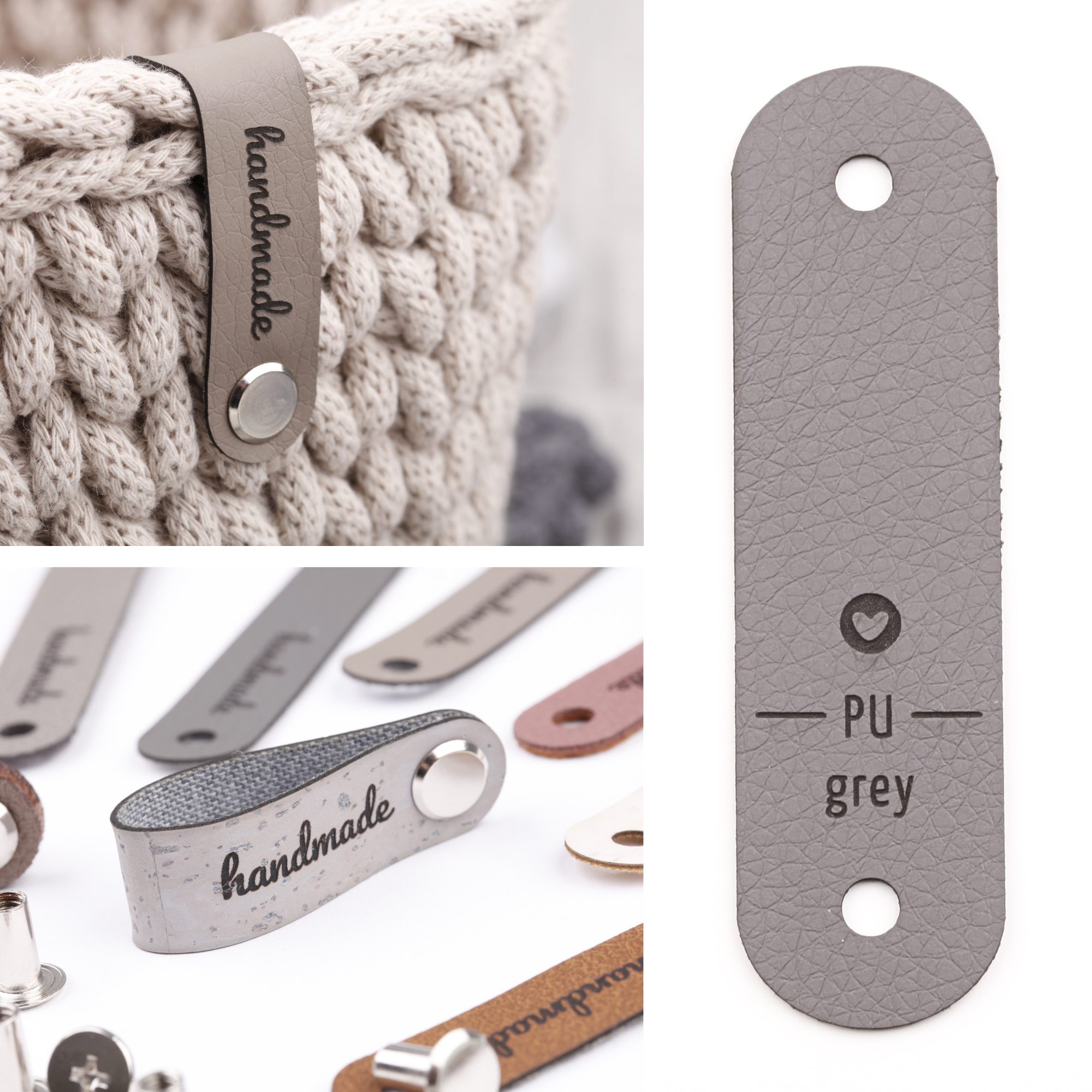 Schmales Kunstlederlabel mit Niete "handmade"