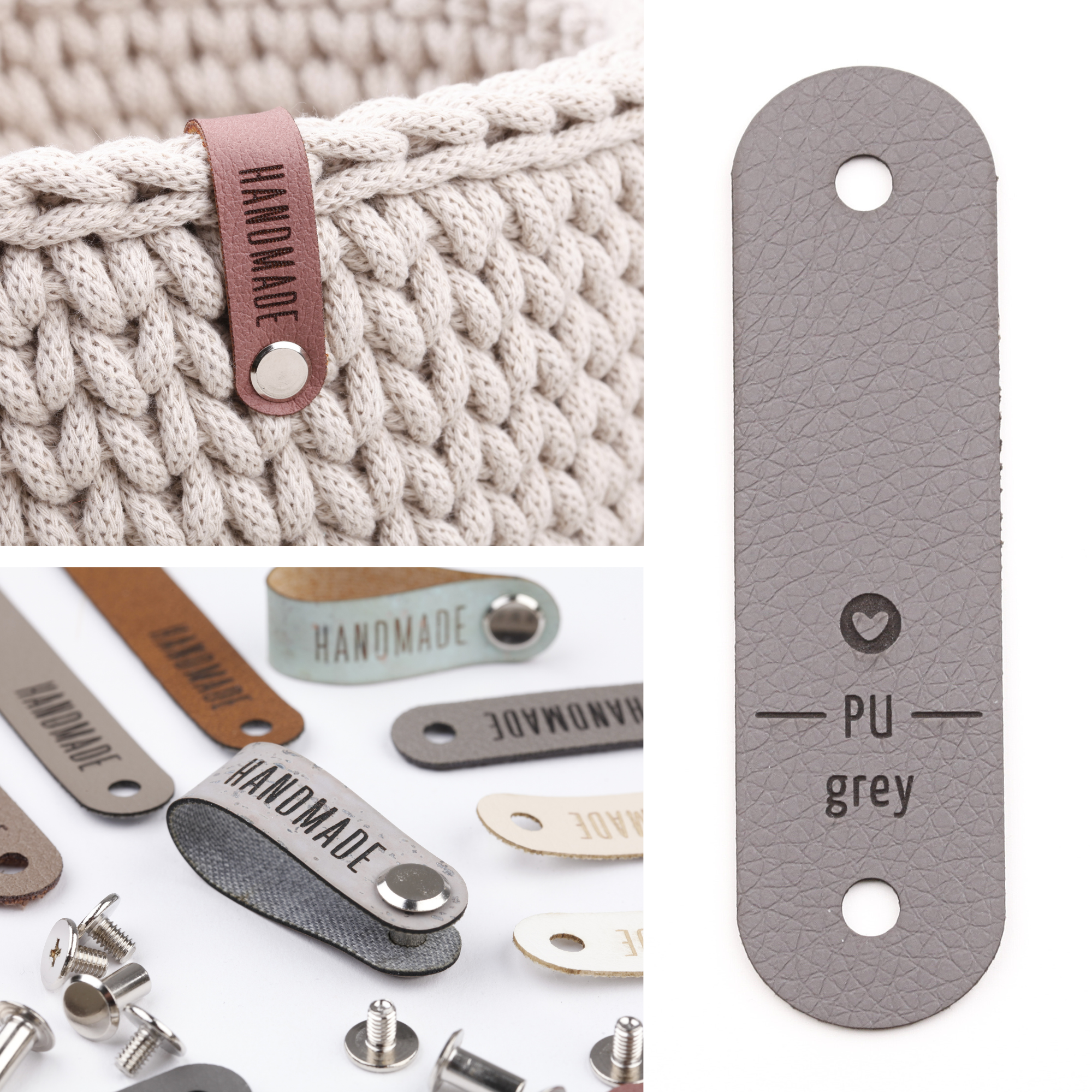 Schmales Kunstlederlabel mit Schraube "handmade"