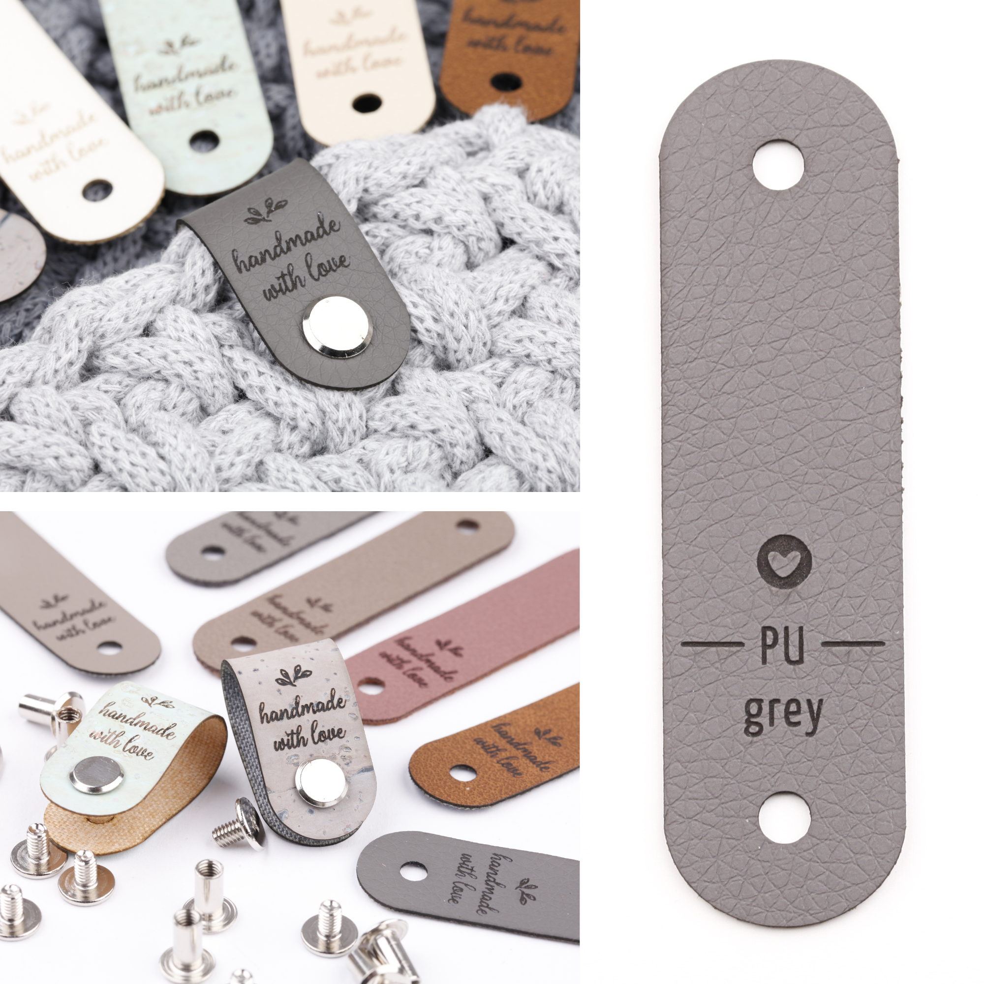 Label mit Schraube und Gravur "handmade with love"