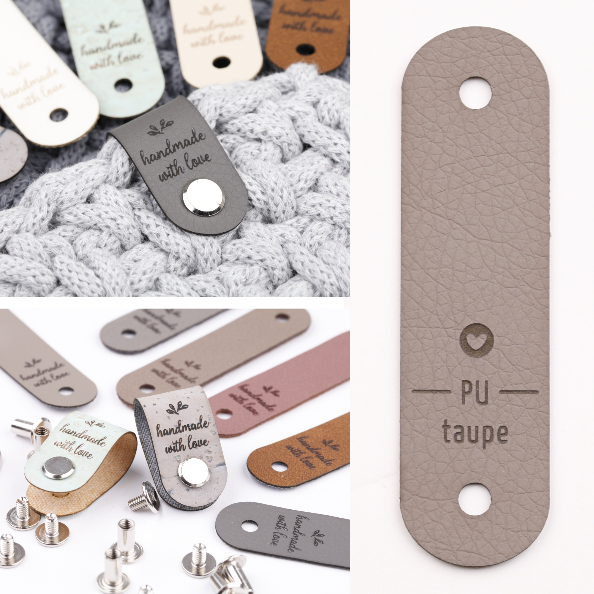 Label mit Schraube und Gravur "handmade with love"