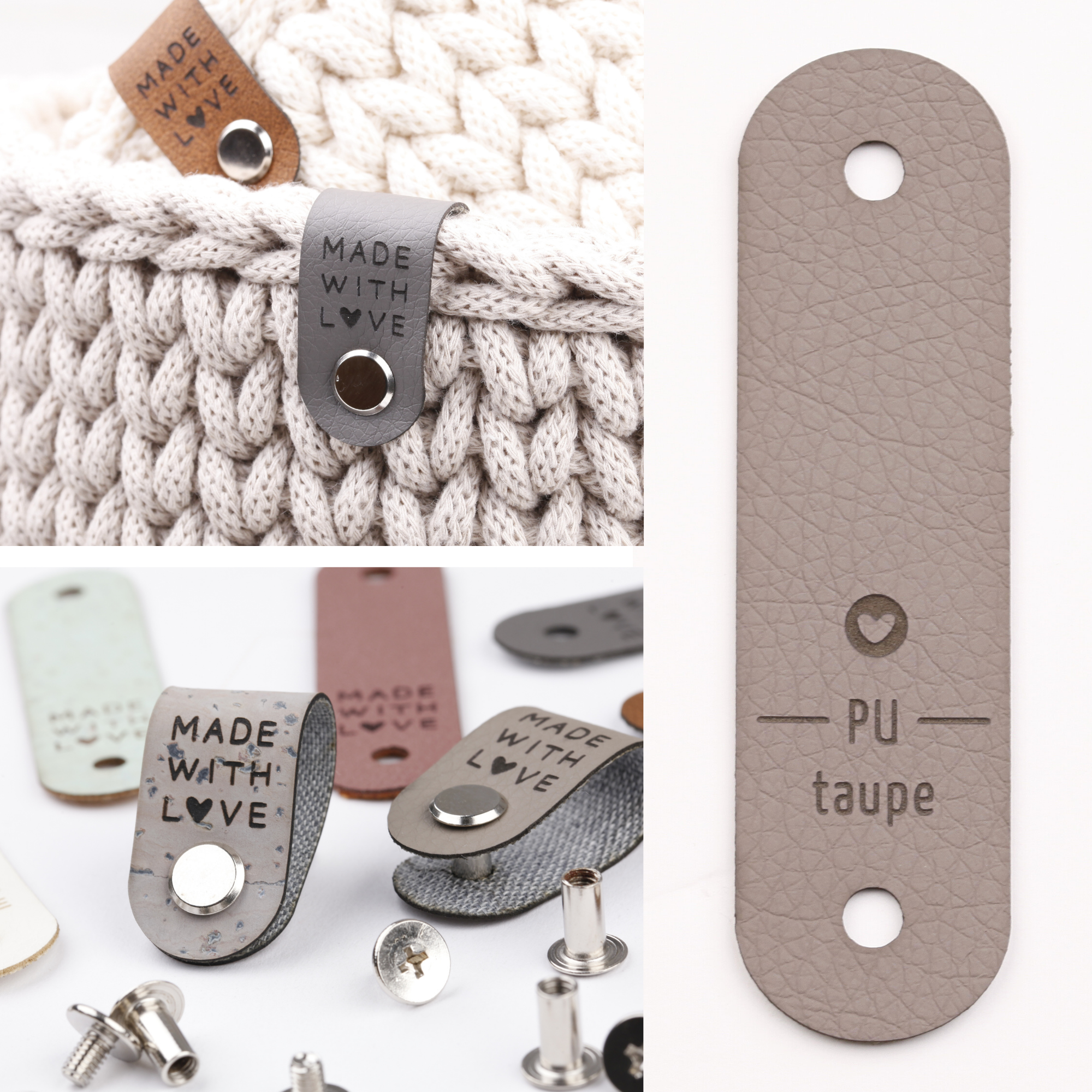 Kunstlederlabel mit Schraube "made with love"