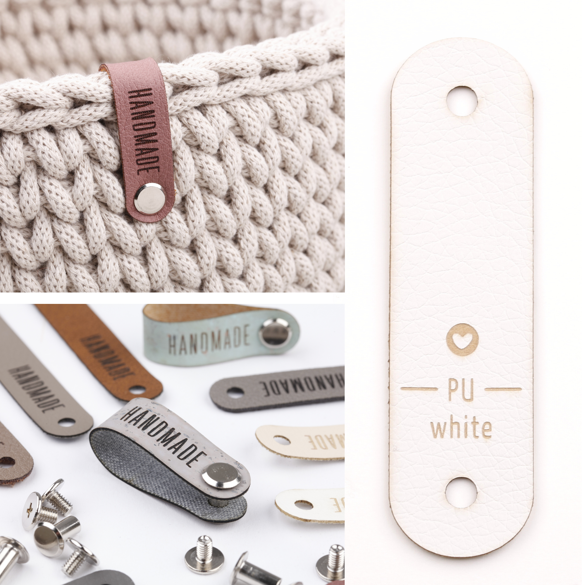 Schmales Kunstlederlabel mit Schraube "handmade"