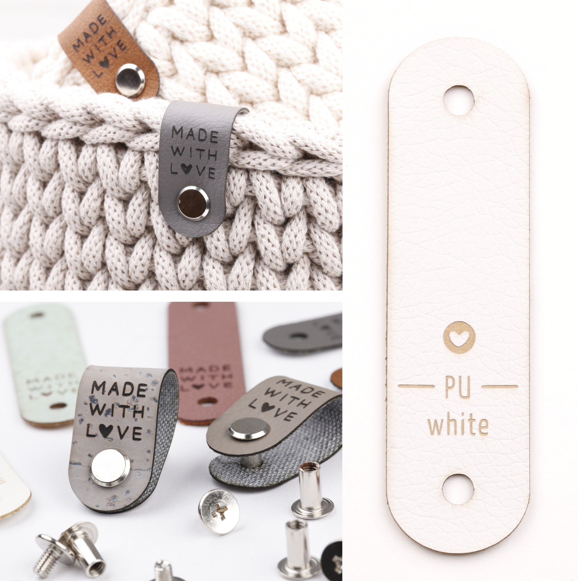 Kunstlederlabel mit Schraube "made with love"
