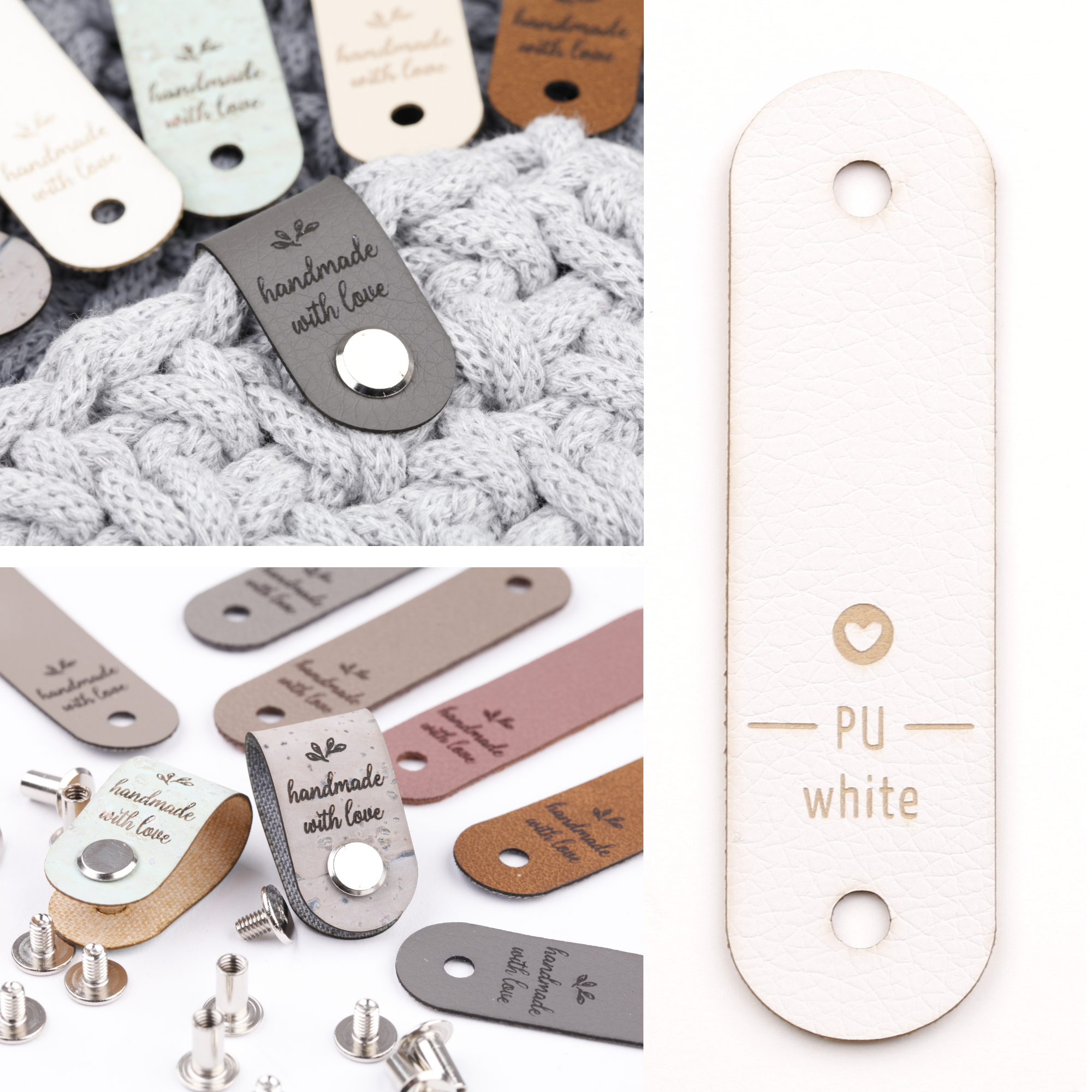 Label mit Schraube und Gravur "handmade with love"